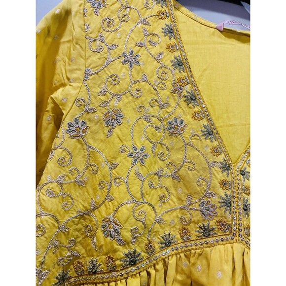Avaasa Yellow Embroidered Kurta Dress Size M Long Sleeve Maxi Tunic India Made - Picture 2 of 7
